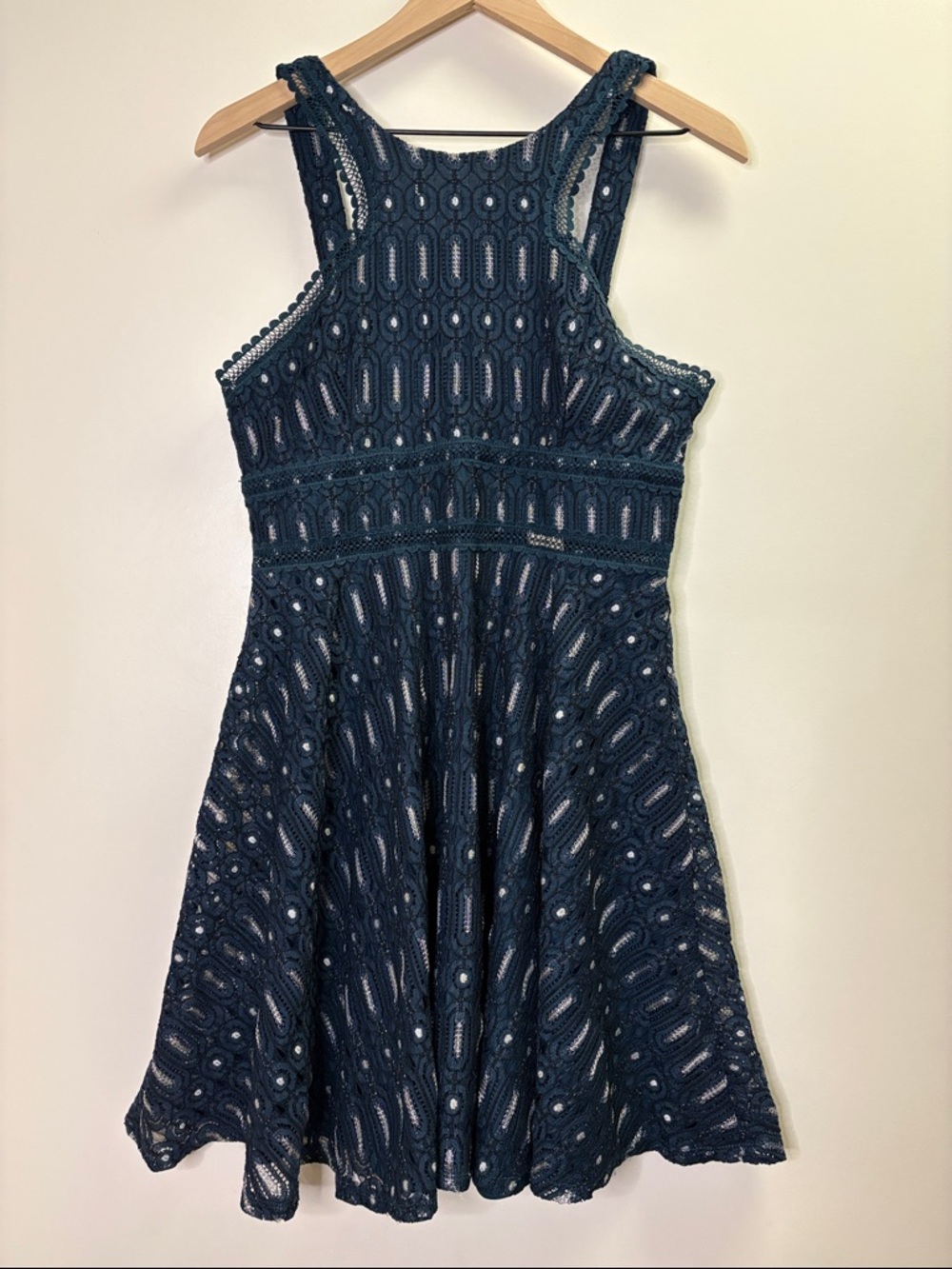 Francesca's Penelope Teal Silver Lace High Neck Fit Flare Dress Metallic NEW L